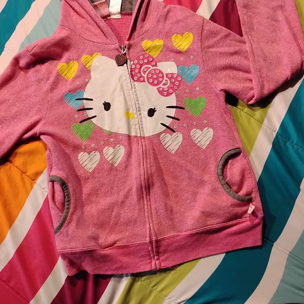 Hello Kitty Pink Hooded Zip-Up Jacket with Colorful Heart Print